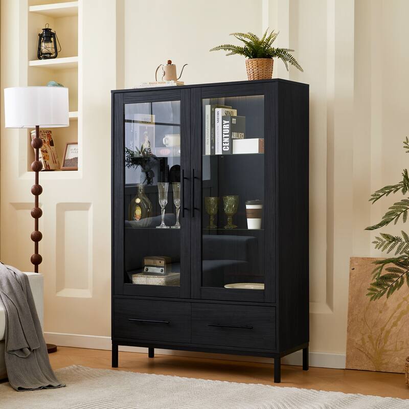 Roomfitters 60'' Tall Display Cabinet with Glass Door, Farmhouse Pantry Storage Cabinet with Shelves for Living Room - Black