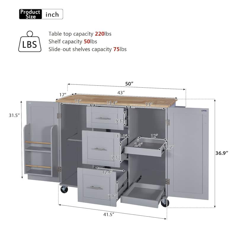 Rubberwood Kitchen Cart with Drop Leaf, Internal Storage Rack, Spice Rack, 2 Slide-Out Shelf, and 3 drawer