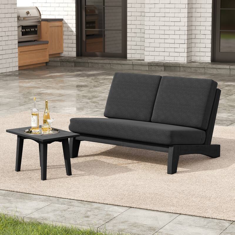 2-Piece Outdoor Teak Wood Loveseat Patio Set with Side Table - Dark Grey-Separate Cushion - Black Frame