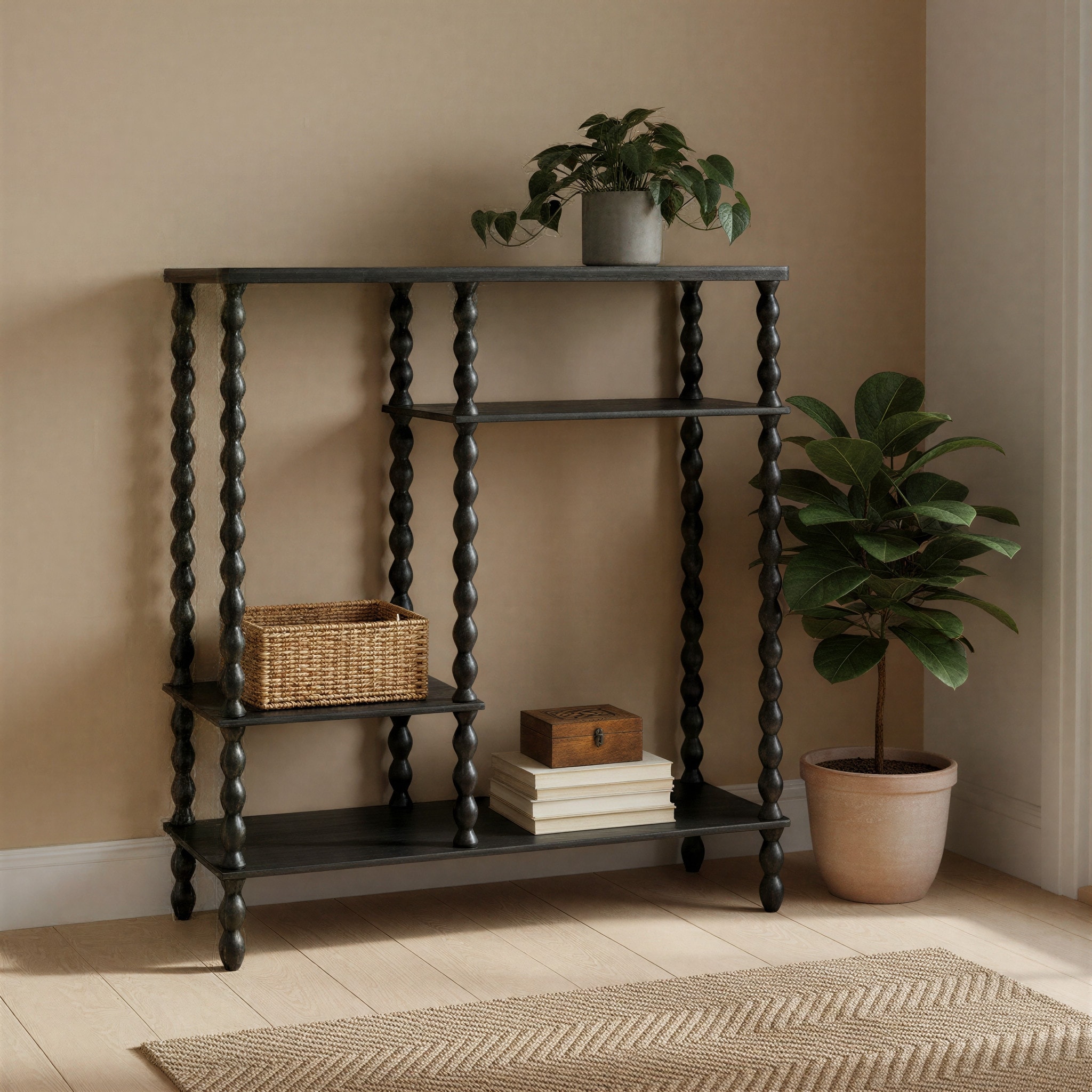 4-Tier Asymmetrical Wood Spindle-Leg Display Shelf Unit - 35.0"L x 13.38"W x 39.63"H