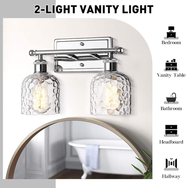2-Light Bathroom Vanity Light, Clear Hammered Glass,