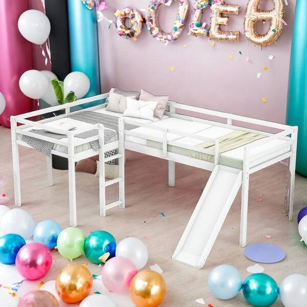 slide 2 of 13, Twin Size L-Shaped Loft Bed With Ladder And Slide,Sturdy Frame for Home White