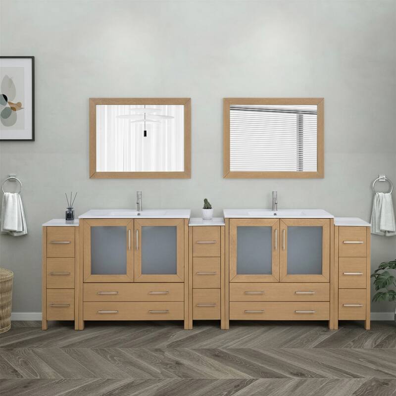 Vanity Art 108" Double Sink Bathroom Vanity Set 13 Dove-Tailed Drawers 3 Cabinets 2 Shelves Soft-Closing Doors with Free Mirror - Natural Oak