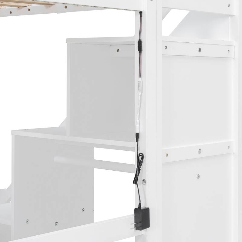 Roomfitters Twin/Full Size Loft Bed with Desk, Two Chests of Storage Drawers and Lighting