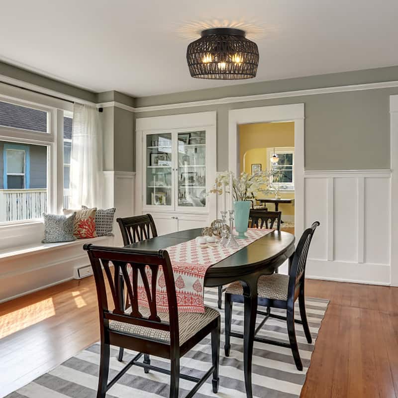 3-Light Rattan Semi Flush Mount Chandelier for Hallway Entryway Dining Room