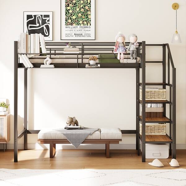 slide 2 of 47, Metal Loft Bed with Grid Storage Guardrail and 4-layers Lateral Storage Shelf Ladder - Loft Metal Bed for Bedroom Teens Student Black - Twin