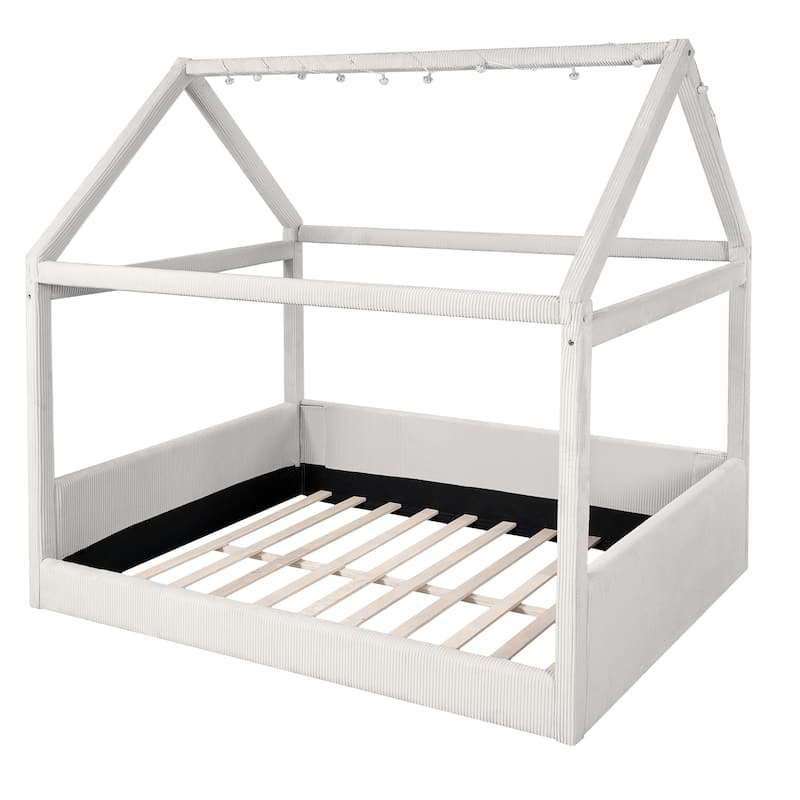 Full Size Upholstered House Bed Frame, Kids Platform Bed with LED Light Strips