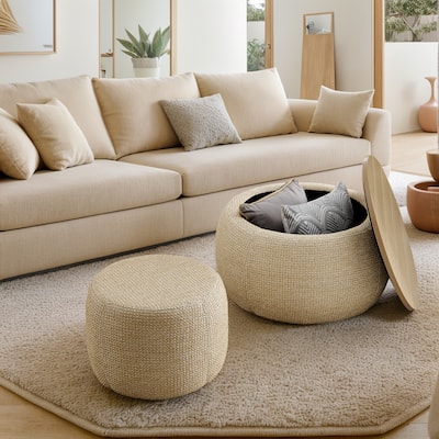 Upholstered Fabric Storage Ottoman, Round Coffee Table with small seat