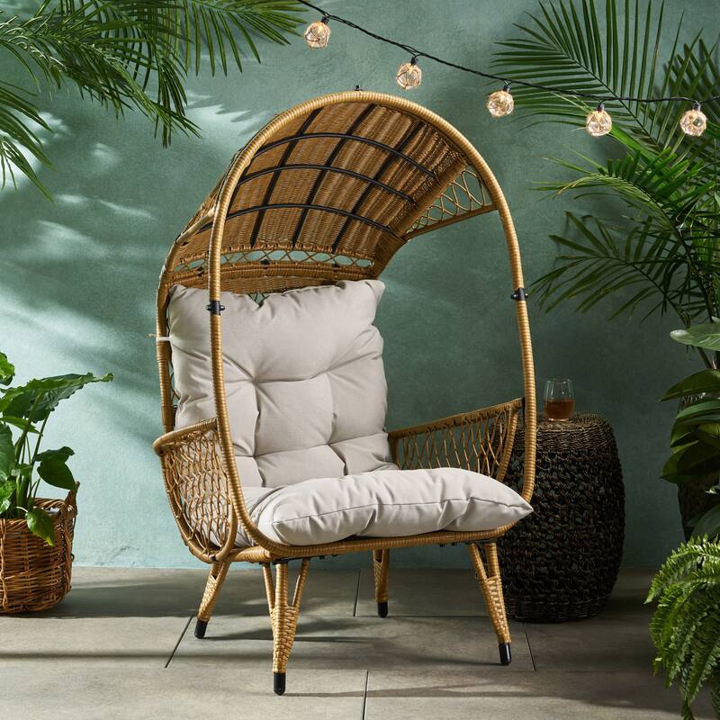 Roomfitters Outdoor Wicker Egg Chair with Canopy, Teardrop Lounge Seating and Soft Cushions for Patio Garden Balcony