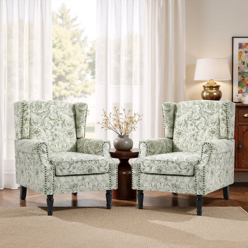 2 Set Transitional Patterned Wingback Accent Chairs with NailHead