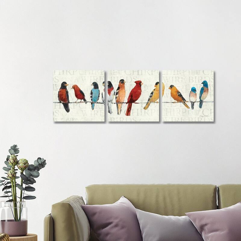 iCanvas "The Usual Suspects - Birds on a Wire" by Avery Tillmon 3-Piece Canvas Wall Art Set - 16x48x1.5