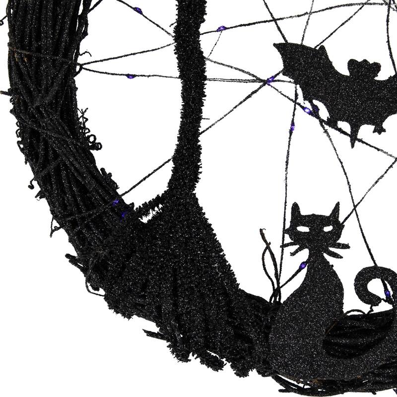 LED Black Twig Halloween Wreath With Bats, 13-Inch, Purple Lights