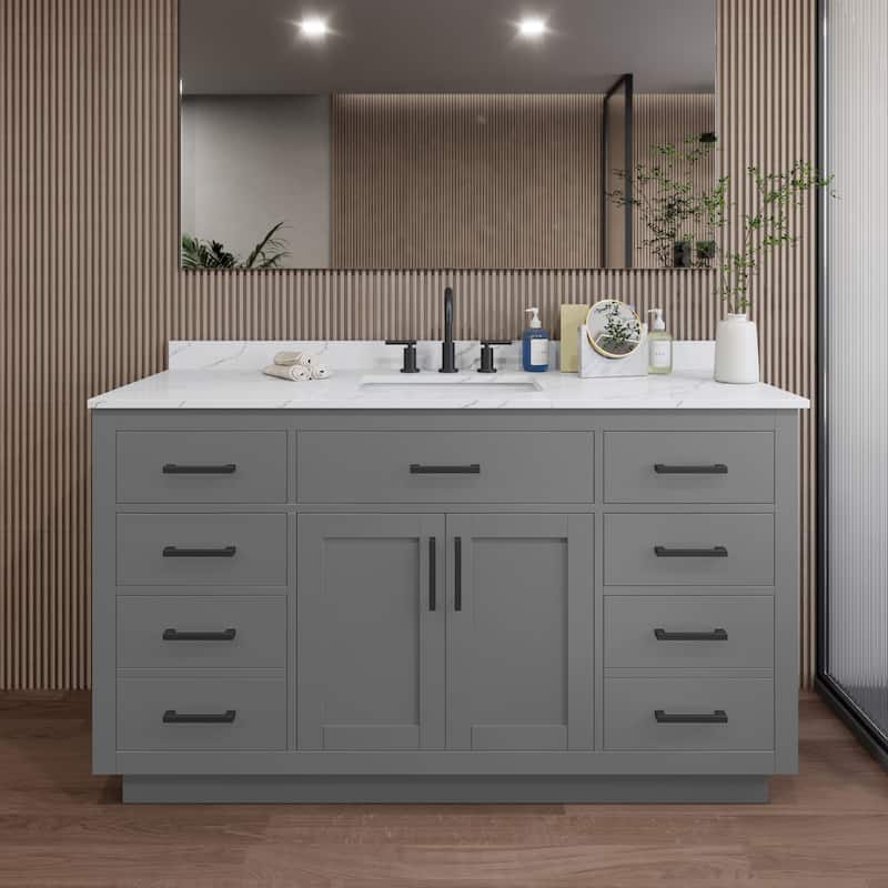 Wyndham Collection WCG262660S-QTZ-US3MXX Beckett TK 60" Free Standing - Dark Gray / Giotto Quartz Top / Matte Black