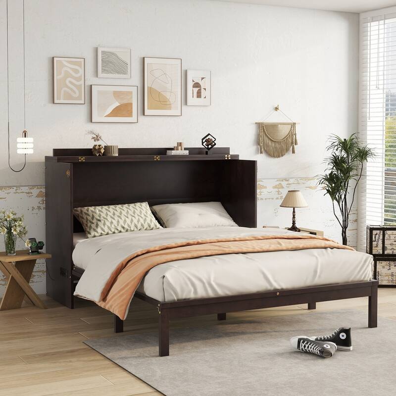 Queen Size Murphy Bed with Large Drawer, Pinewood Wall Cabinet Bed Frame with Power Station and Rattan Decoration Panel