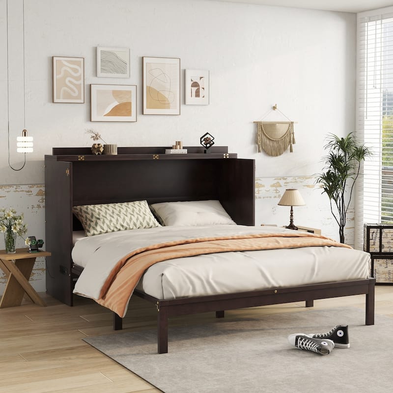 Queen Size Pine Wood Cabinet Bed with Power Station and Rattan Decoration, Espresso