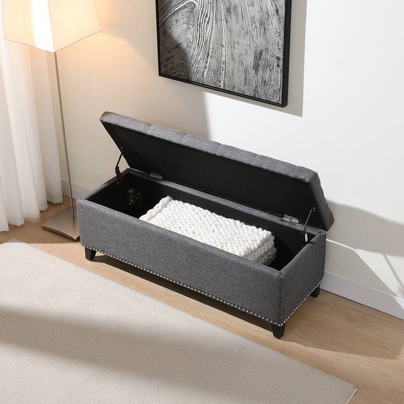 47.5" Linen Button-Tufted Storage Ottoman with Safety Close Hinge