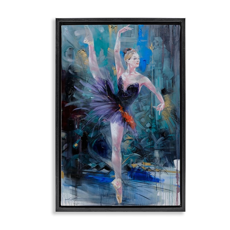 Stupell Vivid Ballet Dancer on Blue Framed Floater Canvas Wall Art Design By Lucille Lee - 17 x 25 - Black