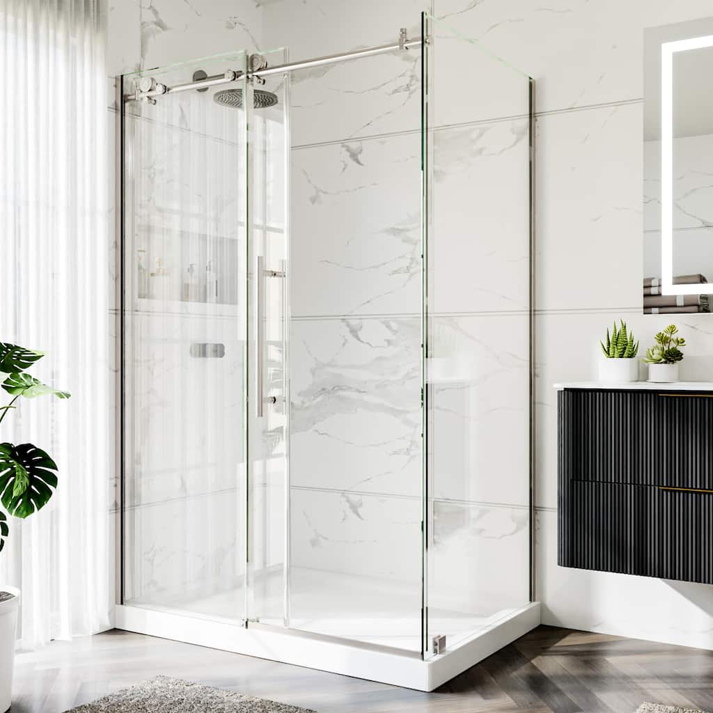 48x72" Frameless Sliding Shower Door with 32" Return Panel, 8mm Tempered Glass, Brushed Nickel or Matte Black Hardware