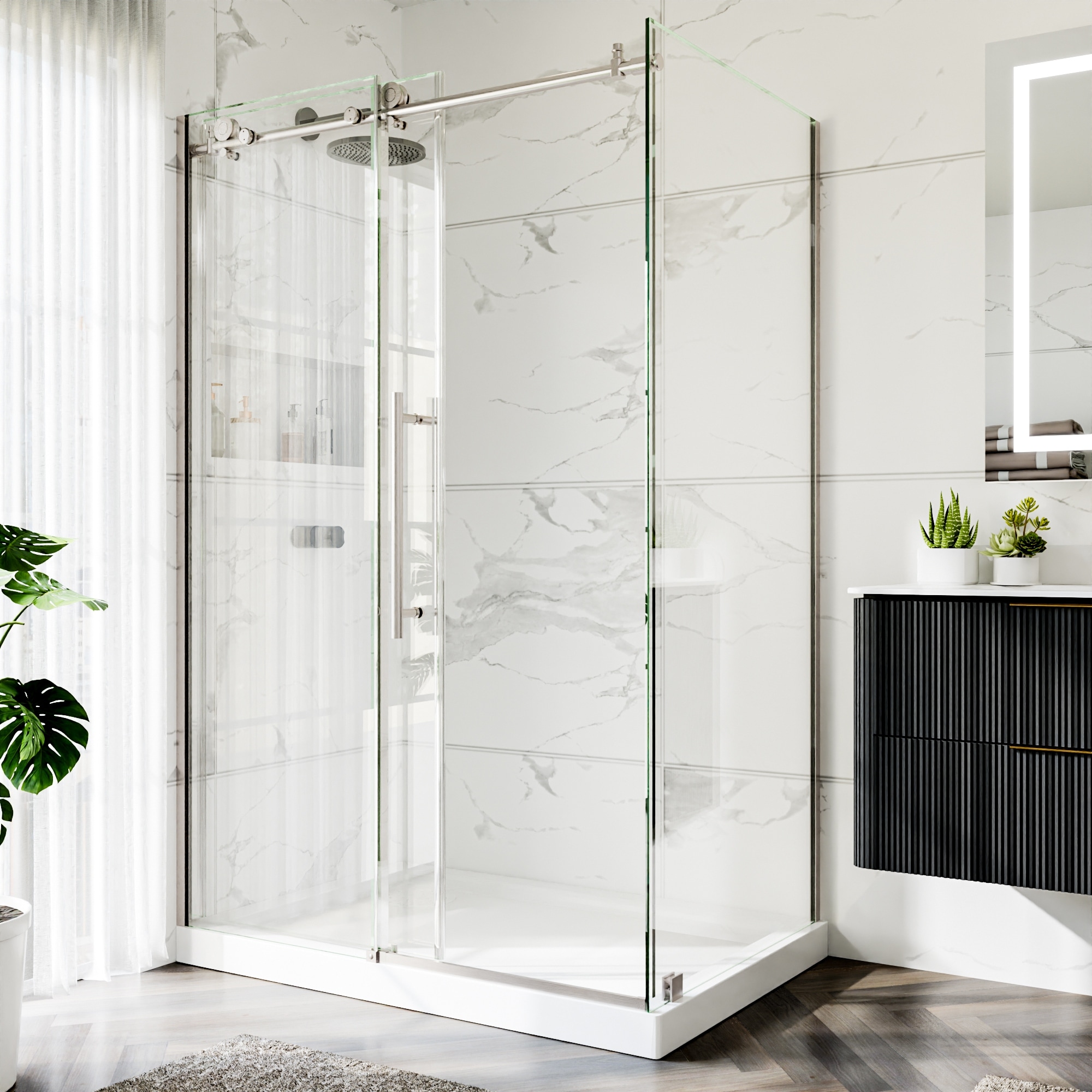 48x72" Frameless Sliding Shower Door with 34" Return Panel, 8mm Tempered Glass, Brushed Nickel or Matte Black Hardware