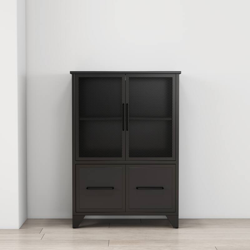 Storage Cabinet With 4 Iron Doors,Black Metal Handle,Sideboard With Adjustable Shelf,Black Sturdy Metal Frame and Metal Legs