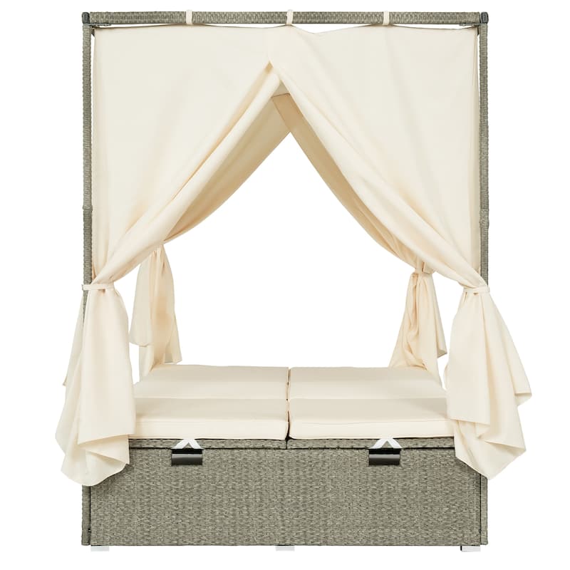 Outdoor Patio Rattan Canopy Daybed Sunbed with Curtain and Adjustable Seat