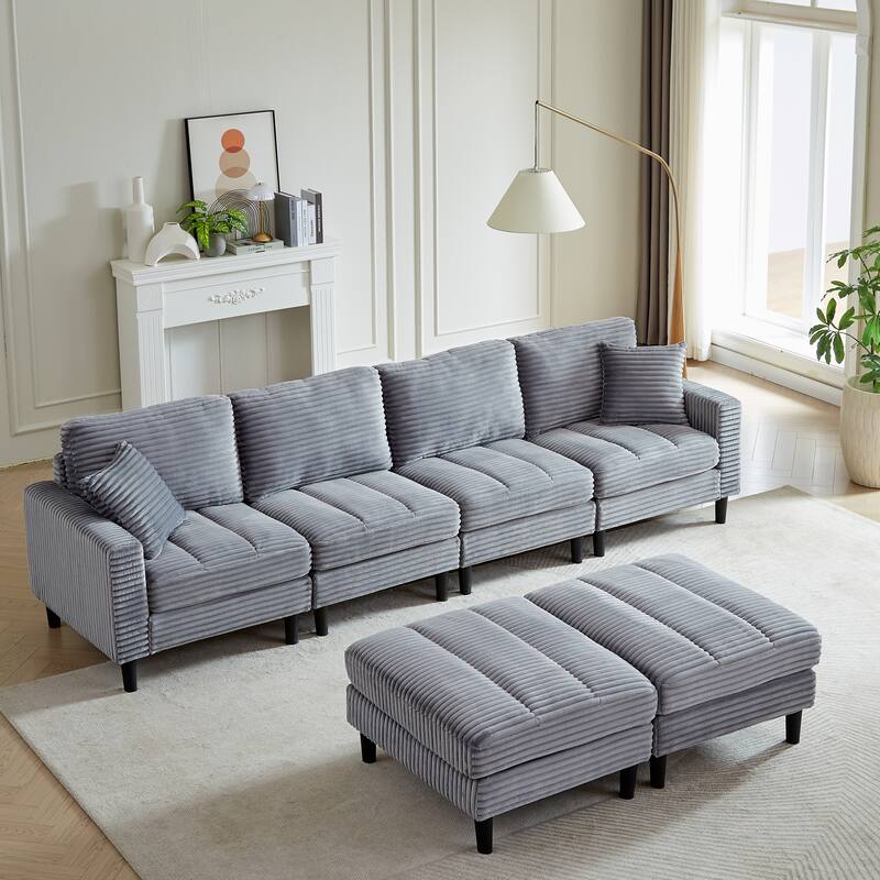 122.5" Corduroy U-Shaped Sectional Sofa with Ottomans & Pillows