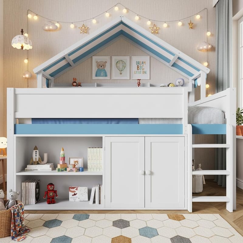 Full Size Loft Bed with Canopy Roof, Storage Cabinets & Open Shelves by Harper&Bright Designs