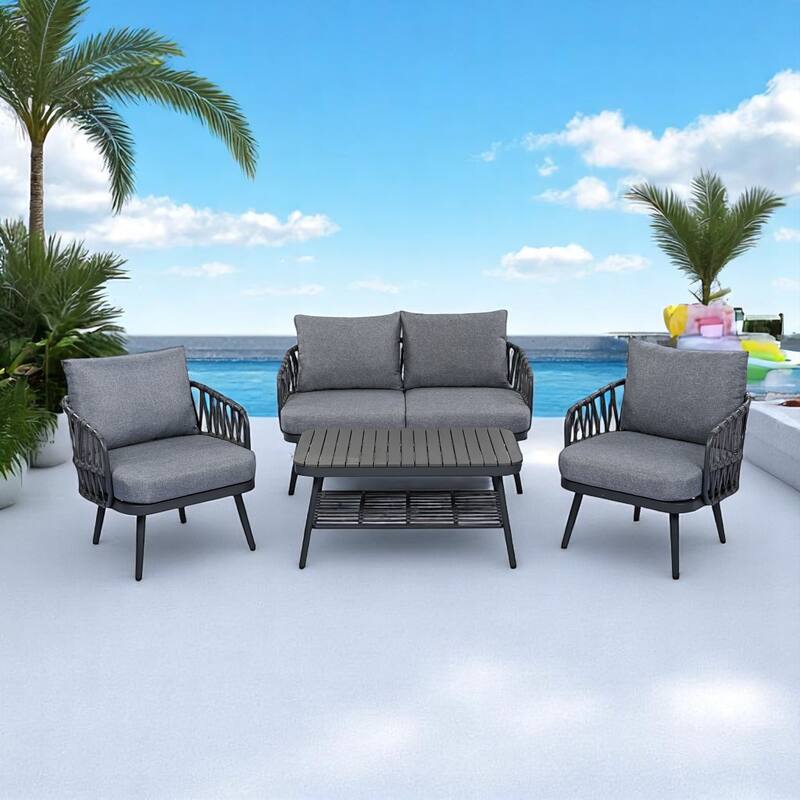 4-Piece Outdoor Conversation Set with Woven Rope U-Shaped Backrest, Acacia Wood Coffee Table, Water-Repellent Cushions