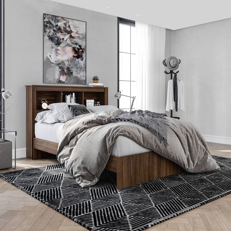 Polifurniture Madison Platform Bed with Bookcase Headboard - Walnut - Full