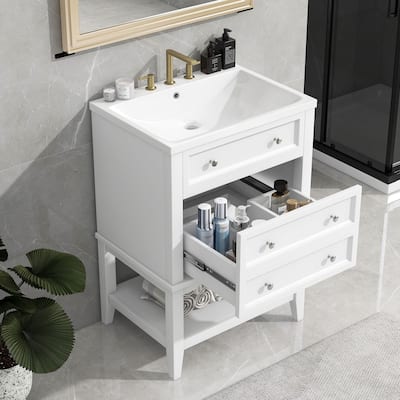 24" White Bathroom Vanity with Sink - Solid Wood, Storage Drawer, Open Shelf, Freestanding Modern Design