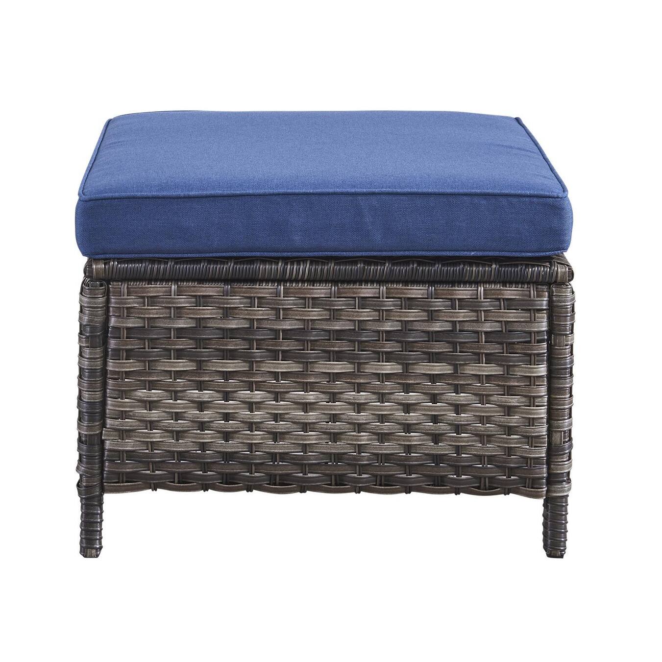 Outdoor Rattan Ottomans Wicker Ottomans with Blue Cushion (Set of 2