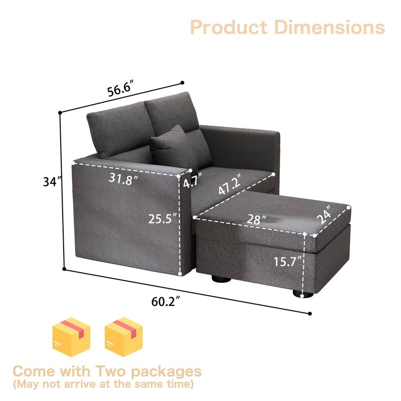 Linen Sectional Couches Modular Sofa with Ottoman for Living Room - Grey