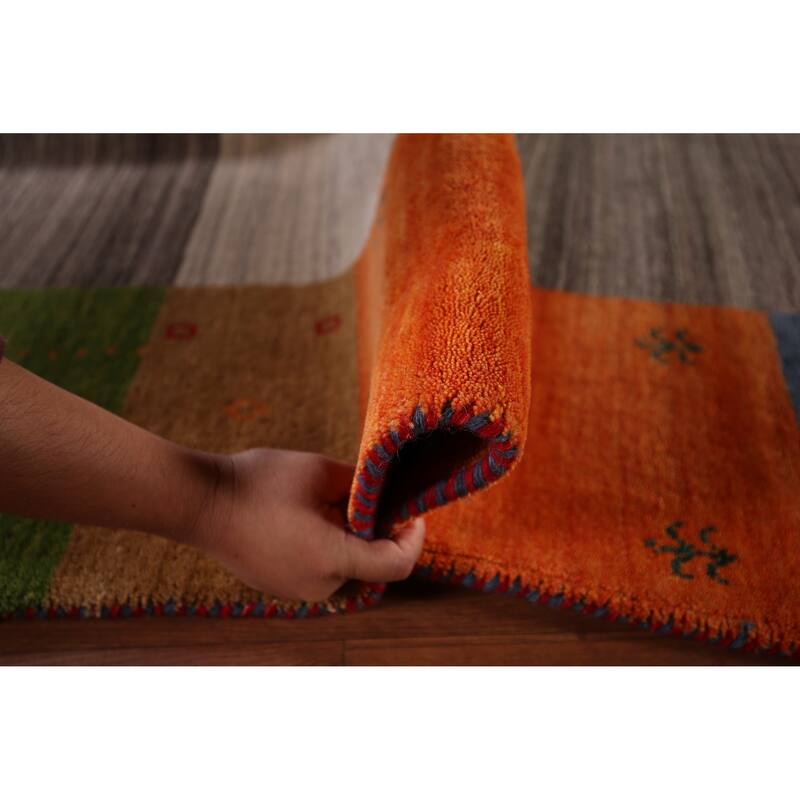 Striped Gabbeh Indian Area Rug Hand-Knotted Beige Wool Carpet - 8'4" x 9'8"