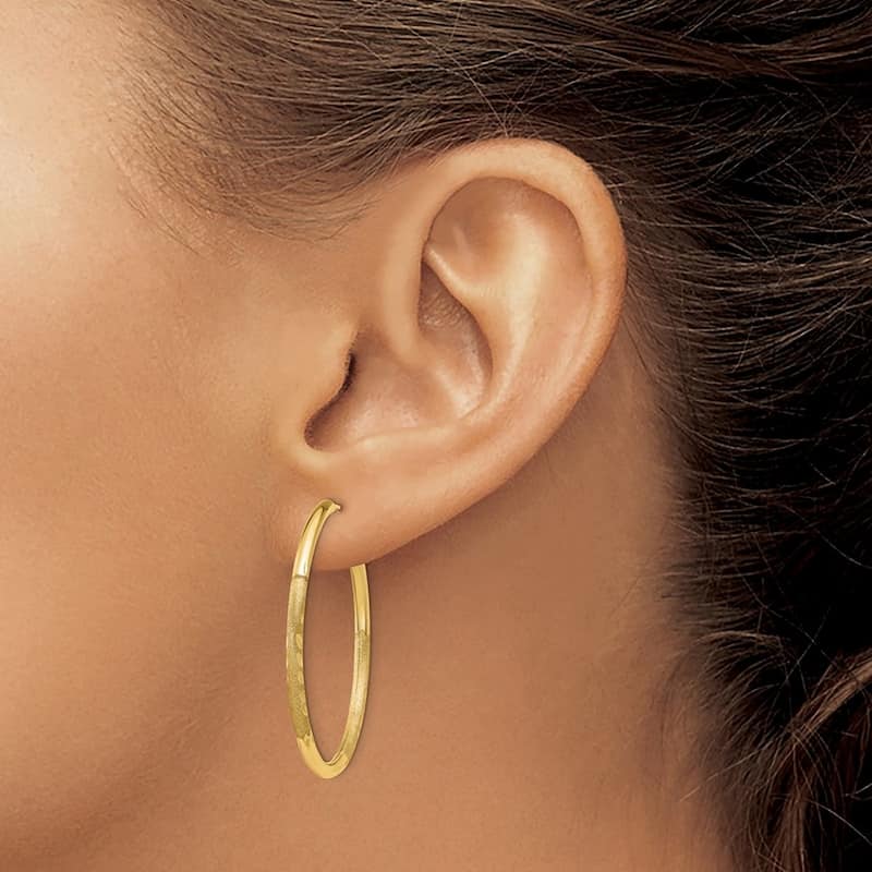 Curata 14k Yellow Gold Polished tube 2mm Satin Sparkle Cut Endless Hoop Earrings - 30x30mm Wide 2mm Thick