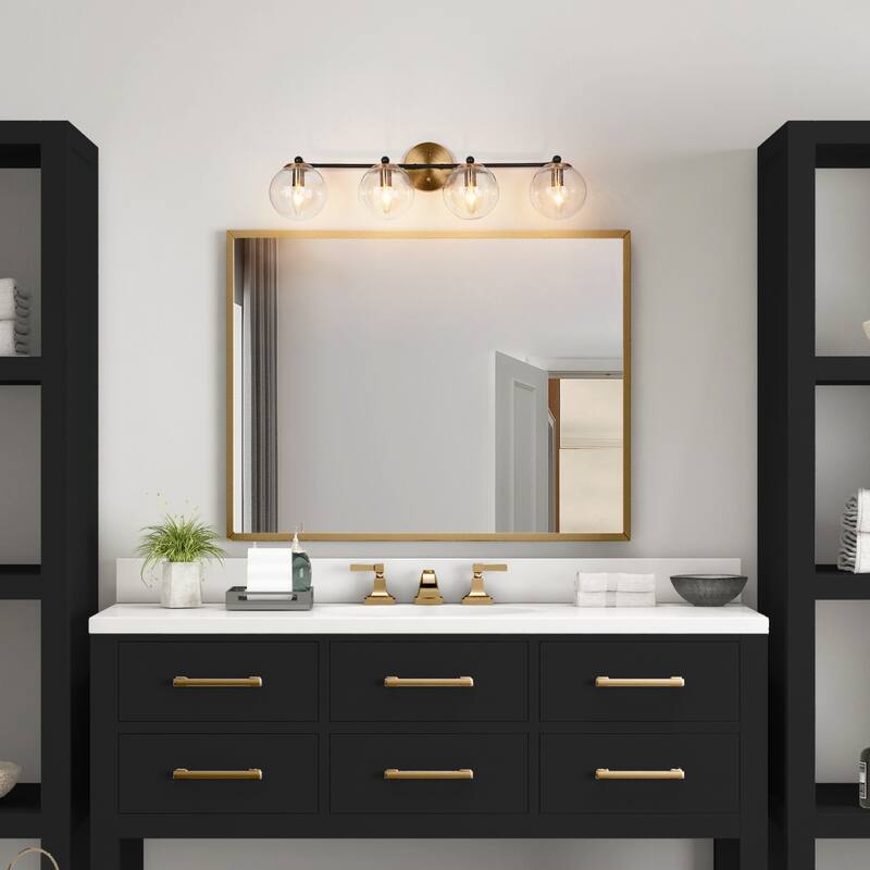 Modern 4-Light Black Gold Bathroom Vanity Lights with Globe Glass Shades
