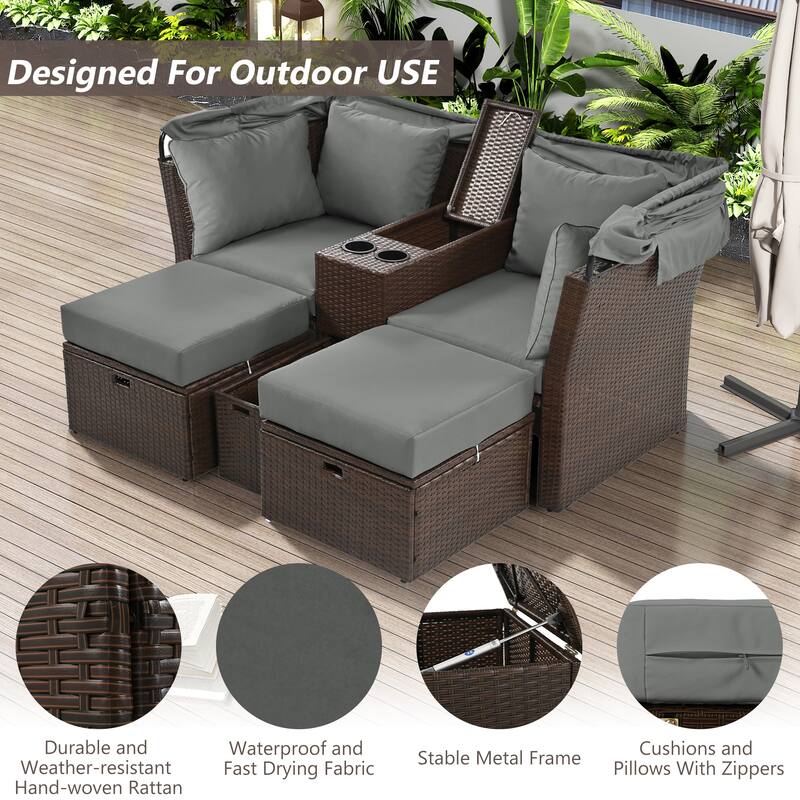 Convertible Outdoor Patio Daybed Loveseat Sofa Set with Retractable Canopy and Central Console