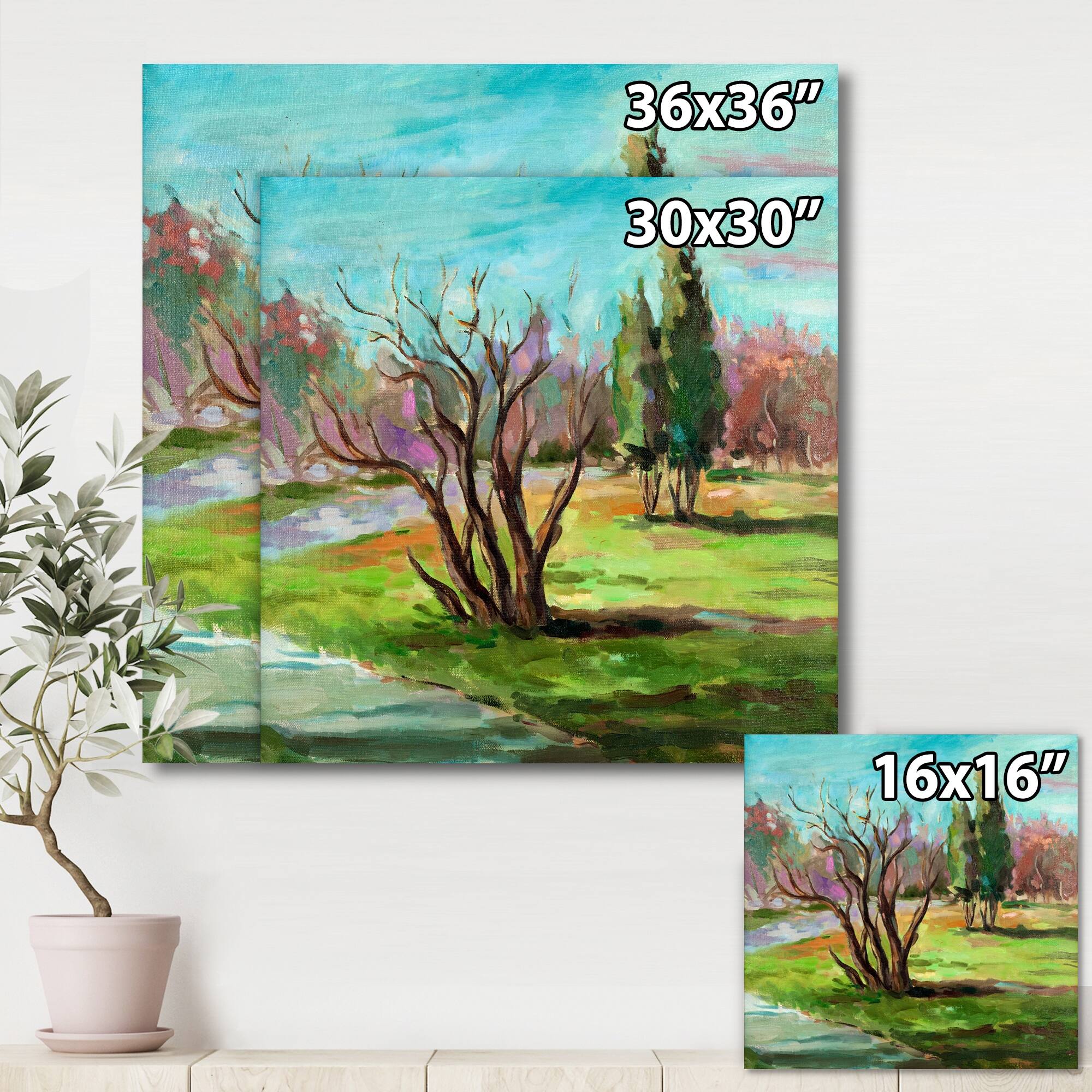 Designart "Two Distant Trees In A Green Landscape" Traditional Canvas