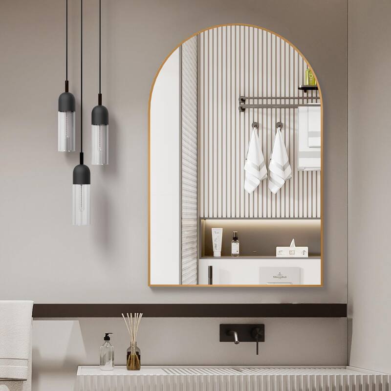 24x32 Inch Metal Framed Arched Bathrrom Mirror for Wall - Gold