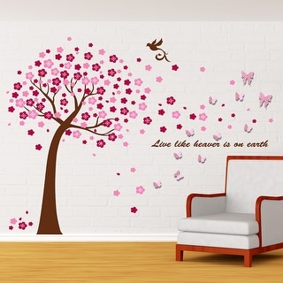 Walplus Huge Pink Tree 3D Butterflies Pink White Dots Kid Wall Sticker