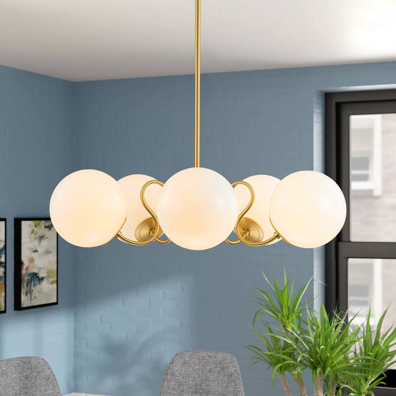 5-Light Mid-Century Modern Gold Sputnik Opal Glass Globe Bubble Chandelier for Dining Room - 27.5 in. W x 87.4 in. H