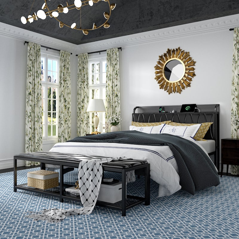 VECELO Bed Frame with Storage Bench, Modern Leather Bedframe with Charging Stations, Headboard and Bed End Stool