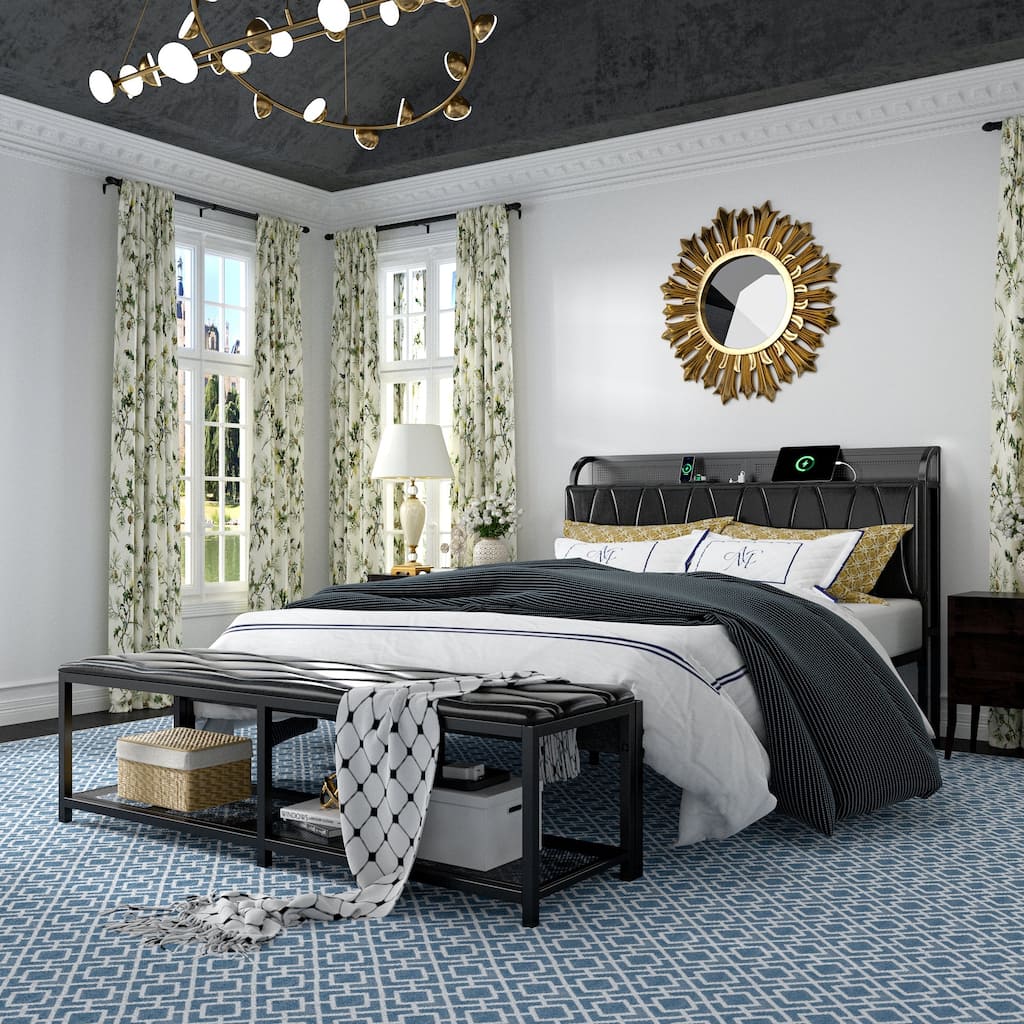 VECELO Bed Frame with Storage Bench, Modern Leather Bedframe with Charging Stations, Headboard and Bed End Stool