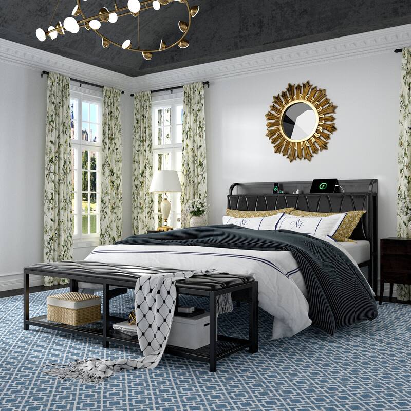 VECELO Modern Bed Frame with Storage Bench PU Leather Upholstered Headboard with Charging Stations Noise-Free Heavy Duty Bed