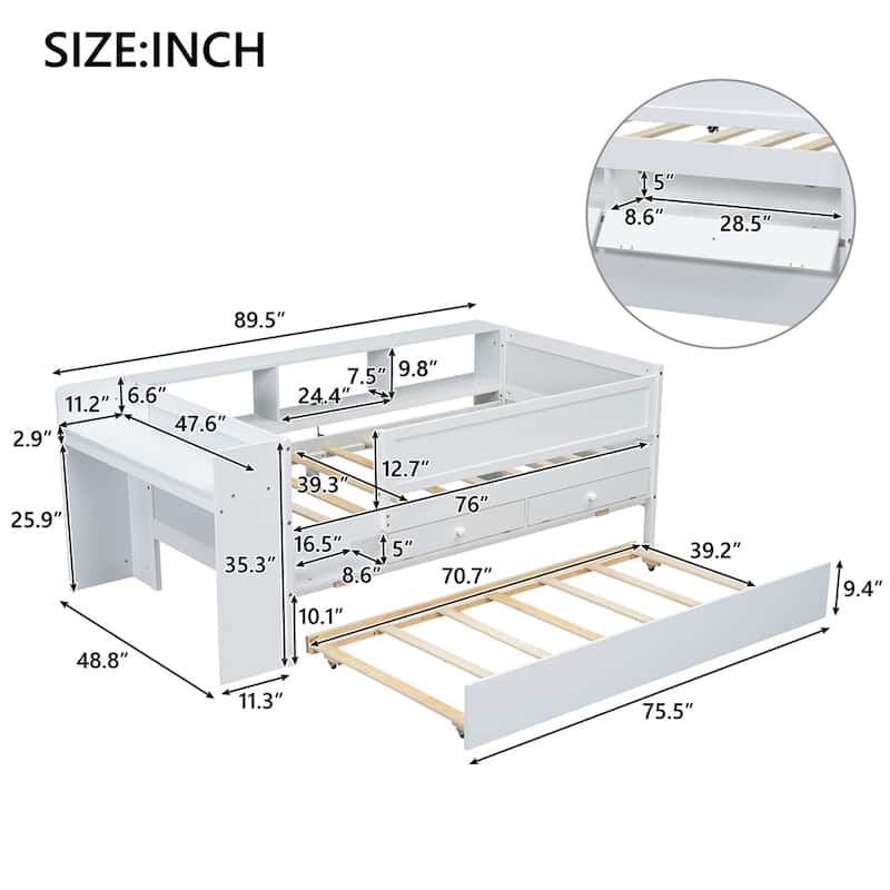 Multi-Functional Twin Daybed w/Drawers and Trundle,Headboard Storage - White