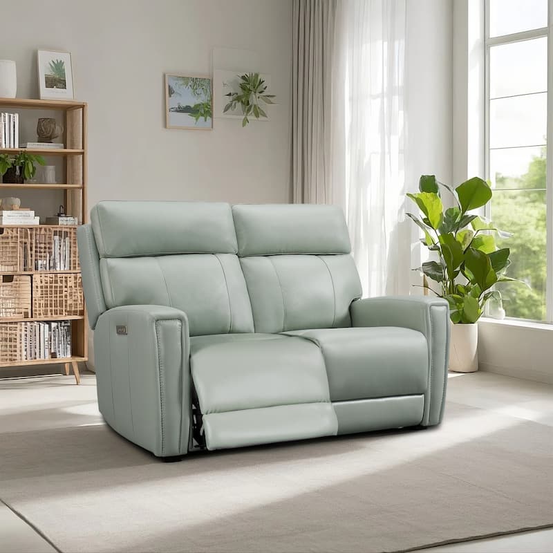 Genuine Leather Reclining Loveseat with Dual-Power Adjustable Headrest & Footrest, Zero Gravity, USB & USB-C Charging Ports - SeaFoam