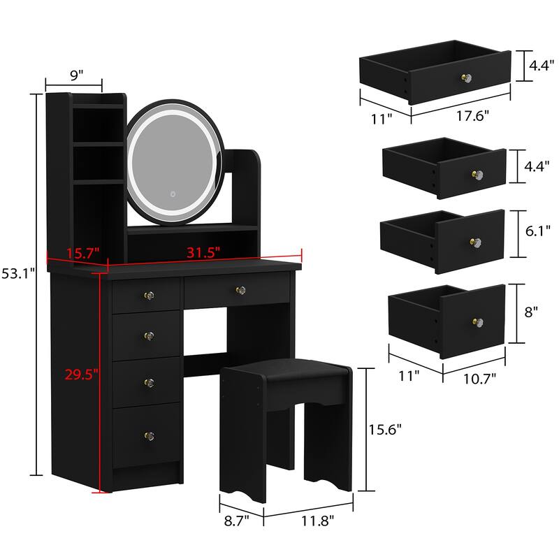 31.5'' W Makeup Vanity Set with Stool and Mirror LED Light Dressr