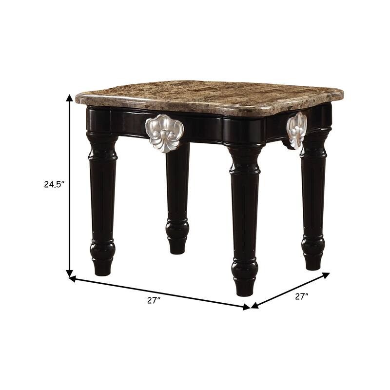 Marble Top End Table With Contrast Carved Motif Turned Wood Legs, Black