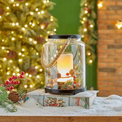 Glitzhome 8.5"H Christmas Greenery Glass Lantern with an LED Pillar Candle
