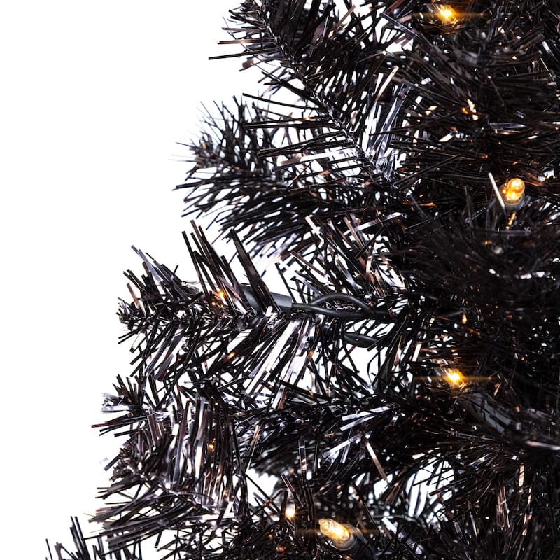 Pre-Lit Artificial Tinsel Halloween Tree - 3' - Black - Clear Lights - 3 Foot