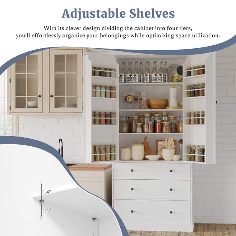 77" Farmhouse Kitchen Pantry, Freestanding Tall Cupboard Storage Cabinet with 3 Adjustable Shelves, 8 Door Shelves, 3 Drawers